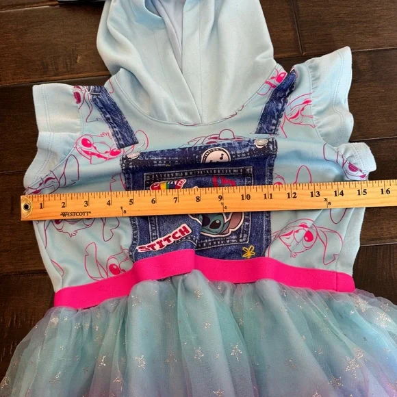💜3/$15 Disney Lilo & Stitch Girls Tulle Tutu Dress Hoodie Blue Purple Patches L - Picture 9 of 11